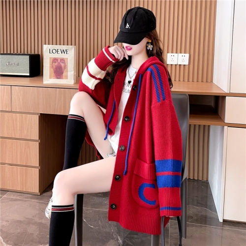 Lazy style hooded sweater women's cardigan mid-length Korean style new autumn and winter loose design knitted jacket