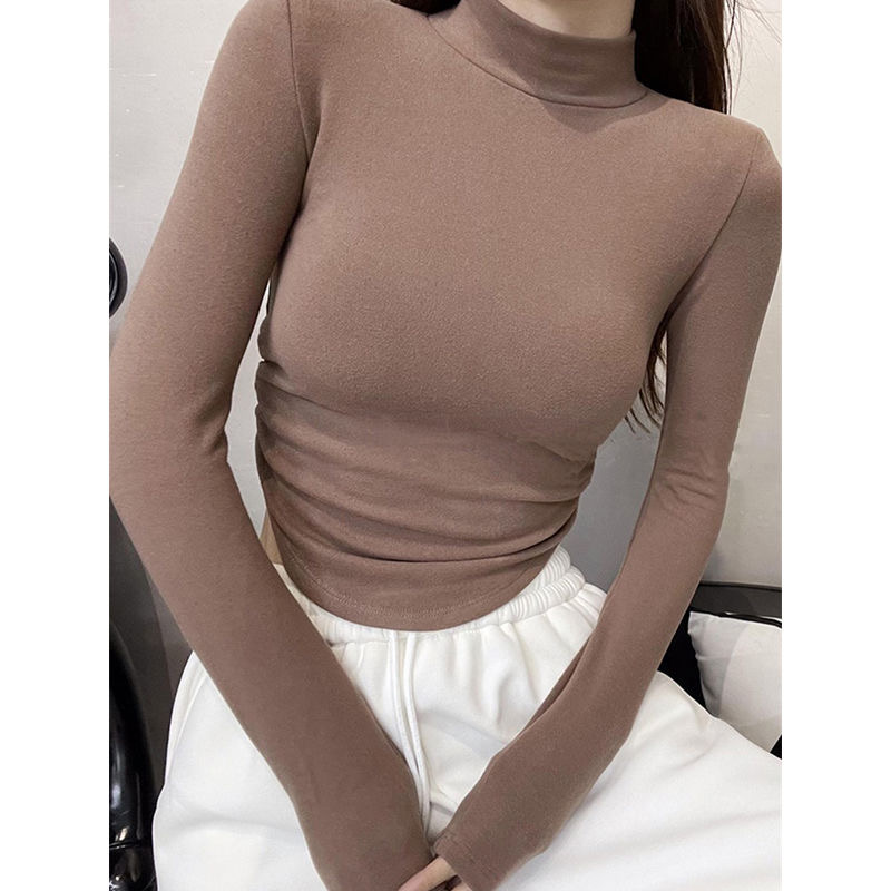 Tight black women's bottoming shirt 2023 new style style inner top half turtleneck drawstring long-sleeved T-shirt spring