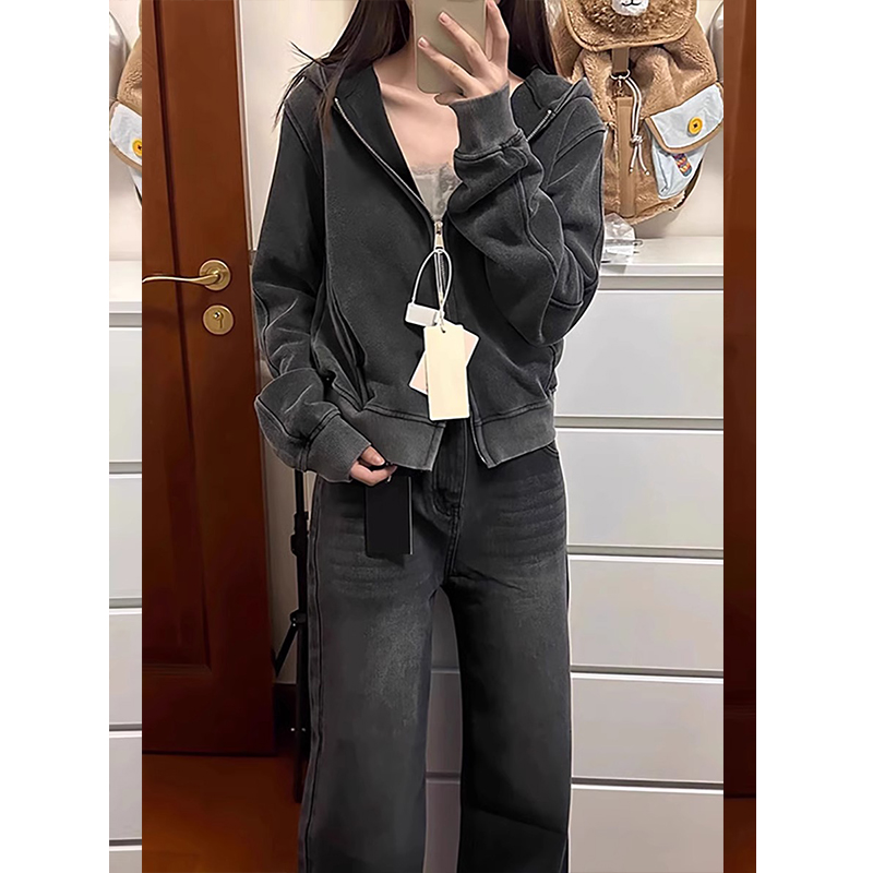 Official picture of pure cotton Chinese cotton washed retro washed distressed sweatshirt for women spring and autumn loose hooded jacket for women