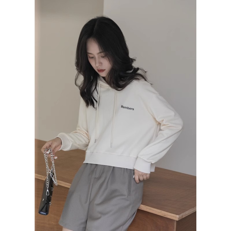 Apricot short letter sweatshirt for women 2023 autumn new high waist hoodie spring and autumn petite tops ins trend