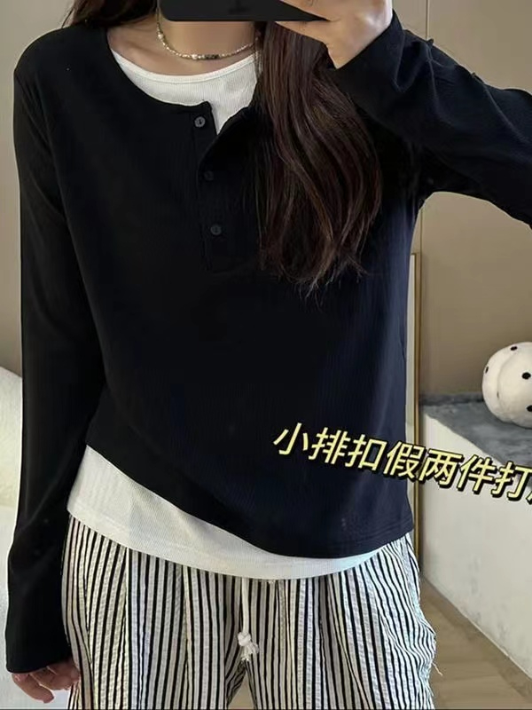 質量 原版美式小眾假兩件上衣圓領黑色長袖t恤秋季打底衫