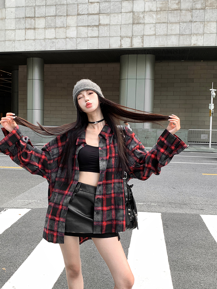 實拍 布倫街記 美式寬鬆外套休閒顯瘦紅黑格百搭襯衫秋季女