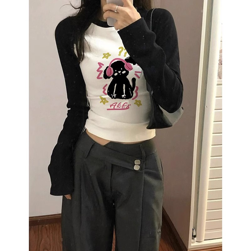 長袖t恤早2023春秋冬設計感內搭修身打底衫辣妹緊身短款上衣