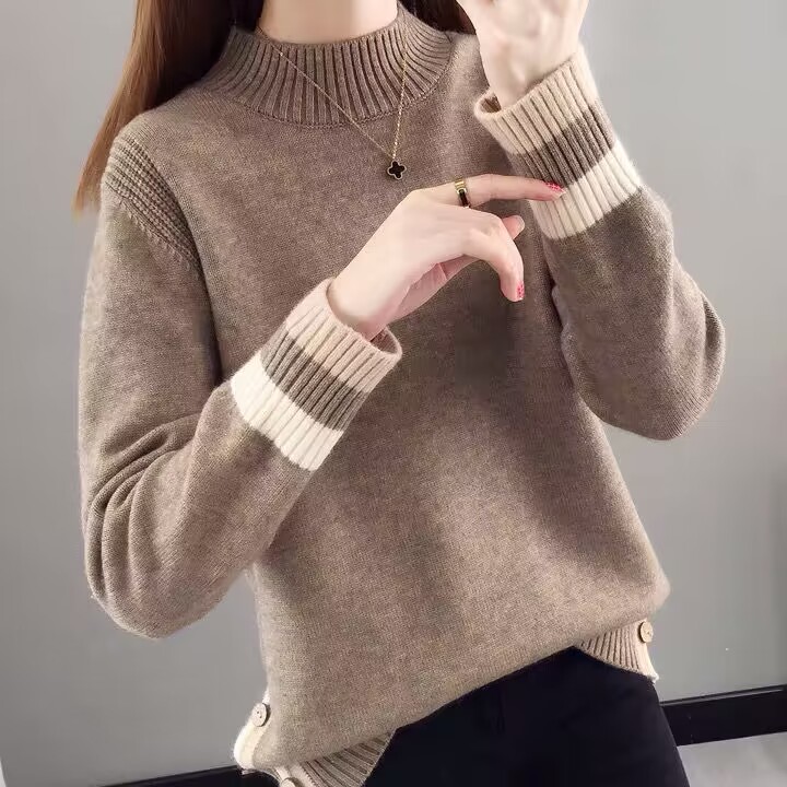 半高領毛衣女秋冬2023新款韓版套頭寬鬆拼色內搭打底針織衫潮