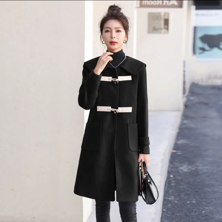 Mid-length versatile black horn button woolen coat for women 2023 new autumn and winter mid-length doll collar coat