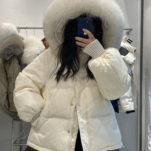 Korean version  winter Korean version hooded lady style solid color casual large fur collar down cotton coat for women