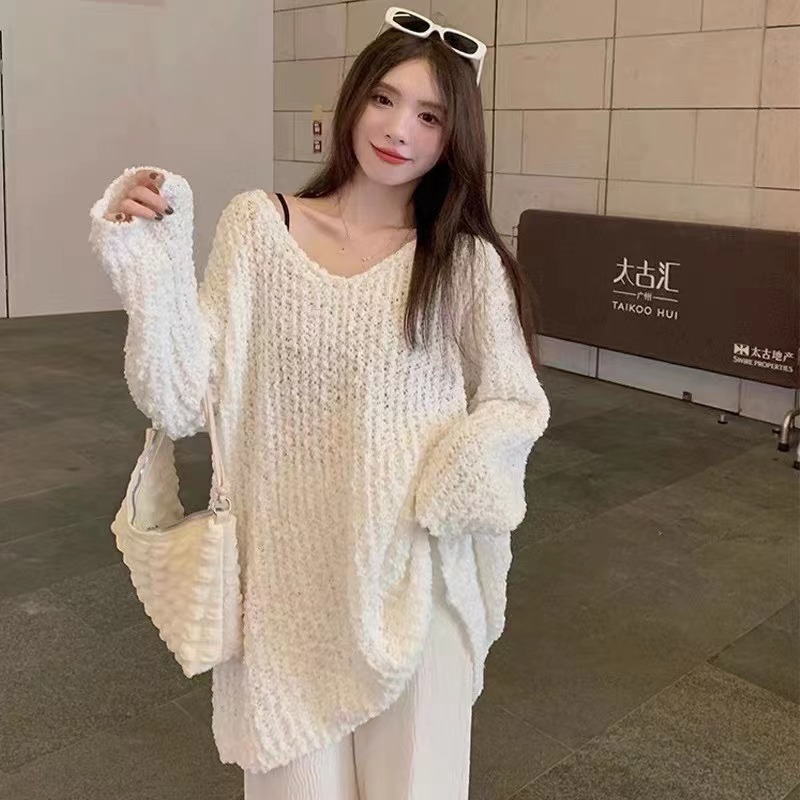 High-quality autumn new style lazy style soft waxy plush long-sleeved textured sweater mid-length pullover sweater for women