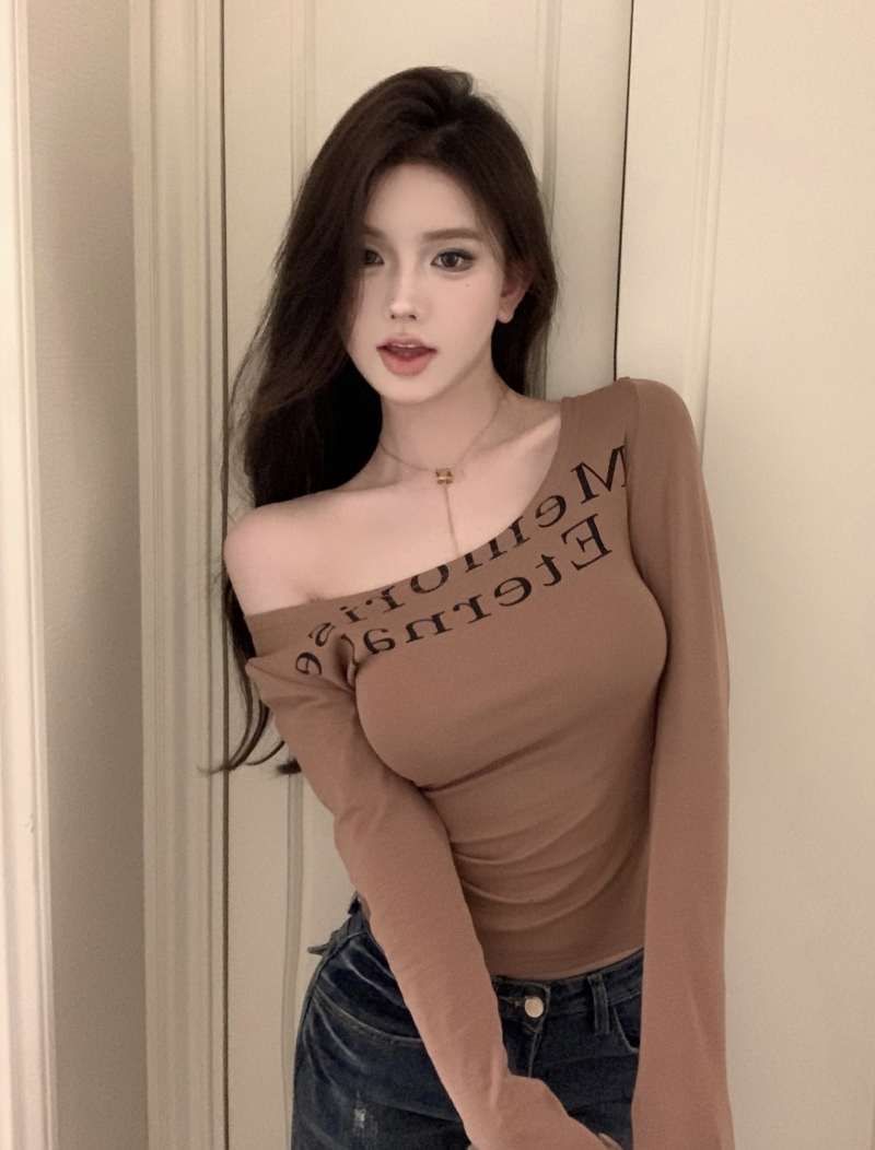 實拍 美式純欲t恤女大領口顯瘦彈力字母印花長袖上衣