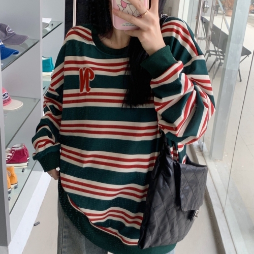 Velvet thickened embroidered letter sweatshirt women's striped ins long sleeve loose casual round neck T-shirt top winter