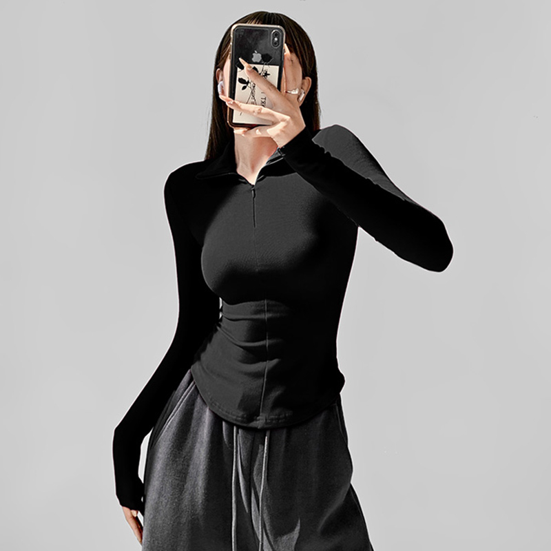 European and American style elastic tight lapel long-sleeved T-shirt for women in spring and autumn, hot girl waist-cinching inner layered bottoming shirt top