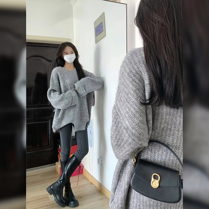 Lazy style gray sweater women's autumn and winter suit thickened Korean style 2023 new design niche knitted sweater top