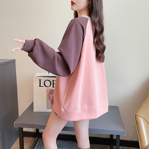 First real shot of Chinese cotton composite 320g sweatshirt for women, spring and autumn thin raglan sleeves, trendy round collar, large size women's clothing 200 pounds