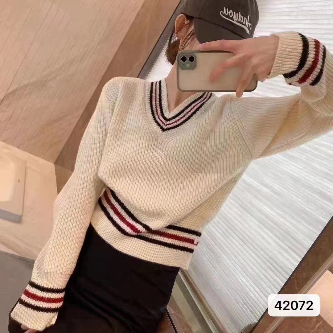 Autumn and winter new college style TB sweetheart neck sweater contrasting stripes loose pullover long-sleeved sweater bottoming shirt for women