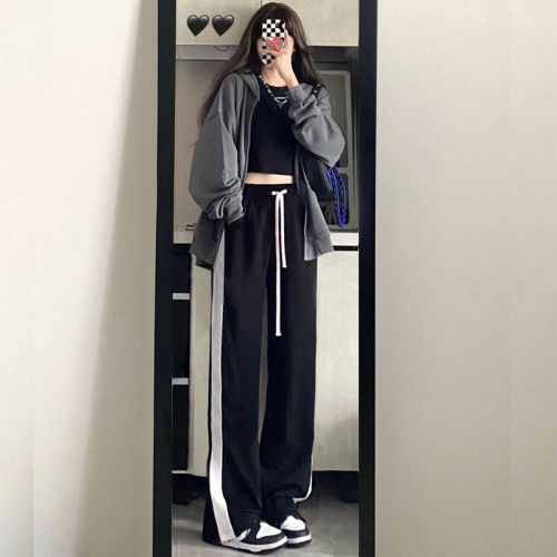 Black splicing women's spring, autumn and summer new Korean style casual straight-leg loose wide-leg pants high-waisted slim trousers trendy