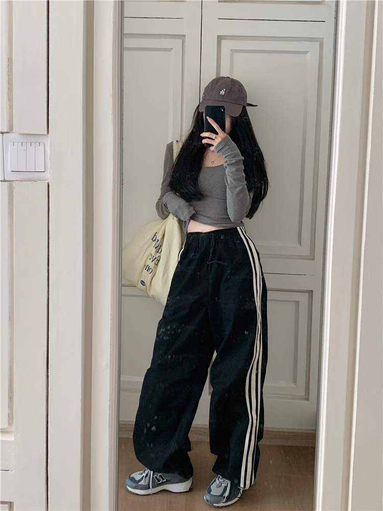Real shot~Face mask knitted design casual long-sleeved top + high-waisted wide-leg pants for women