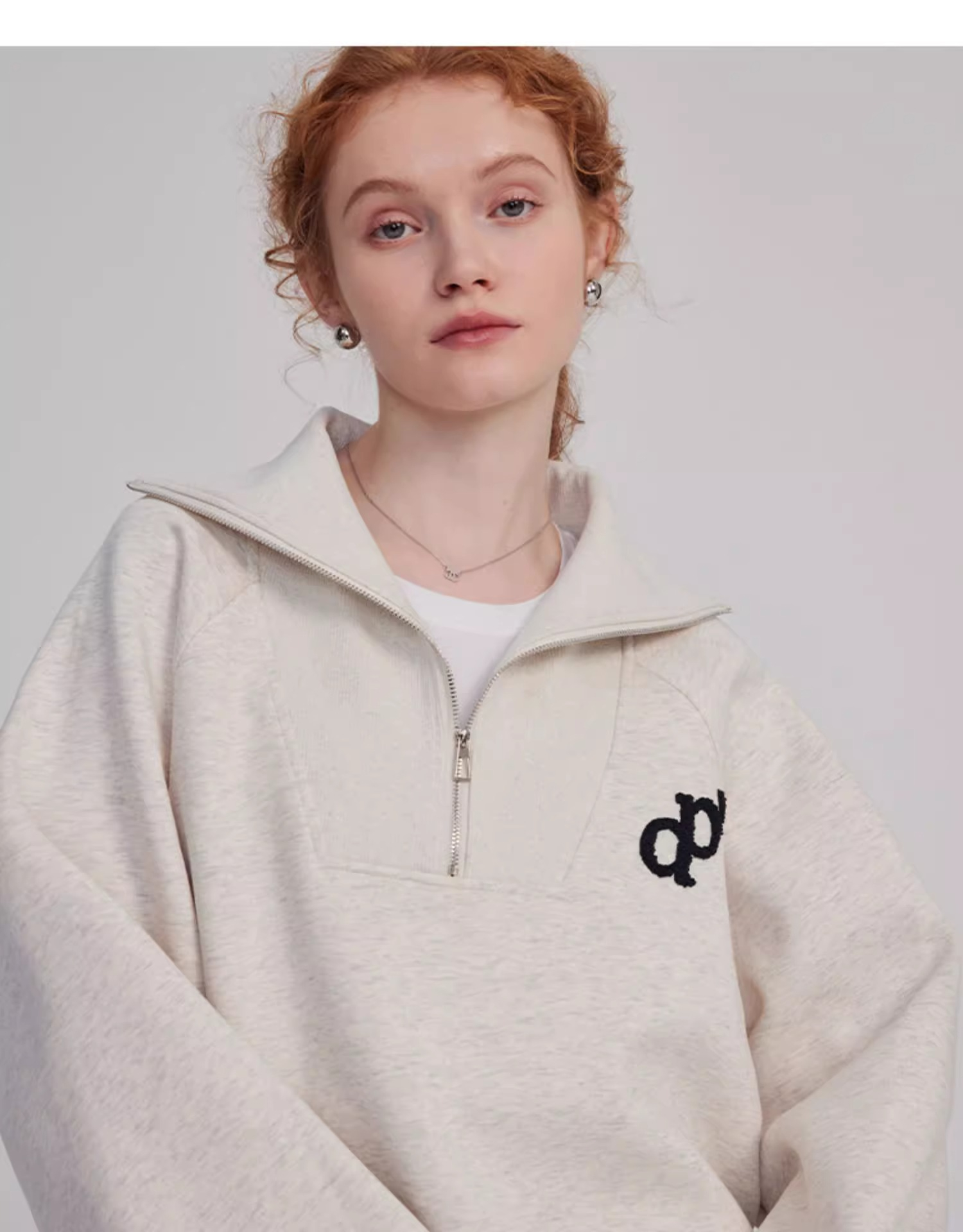 Chinese cotton composite milk silk + back lapel sweatshirt for women with letter pullover zipper for small people