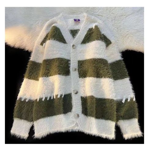 Lazy college style striped contrast V-neck knitted cardigan for women with imitation mink fur design sweater jacket trendy top