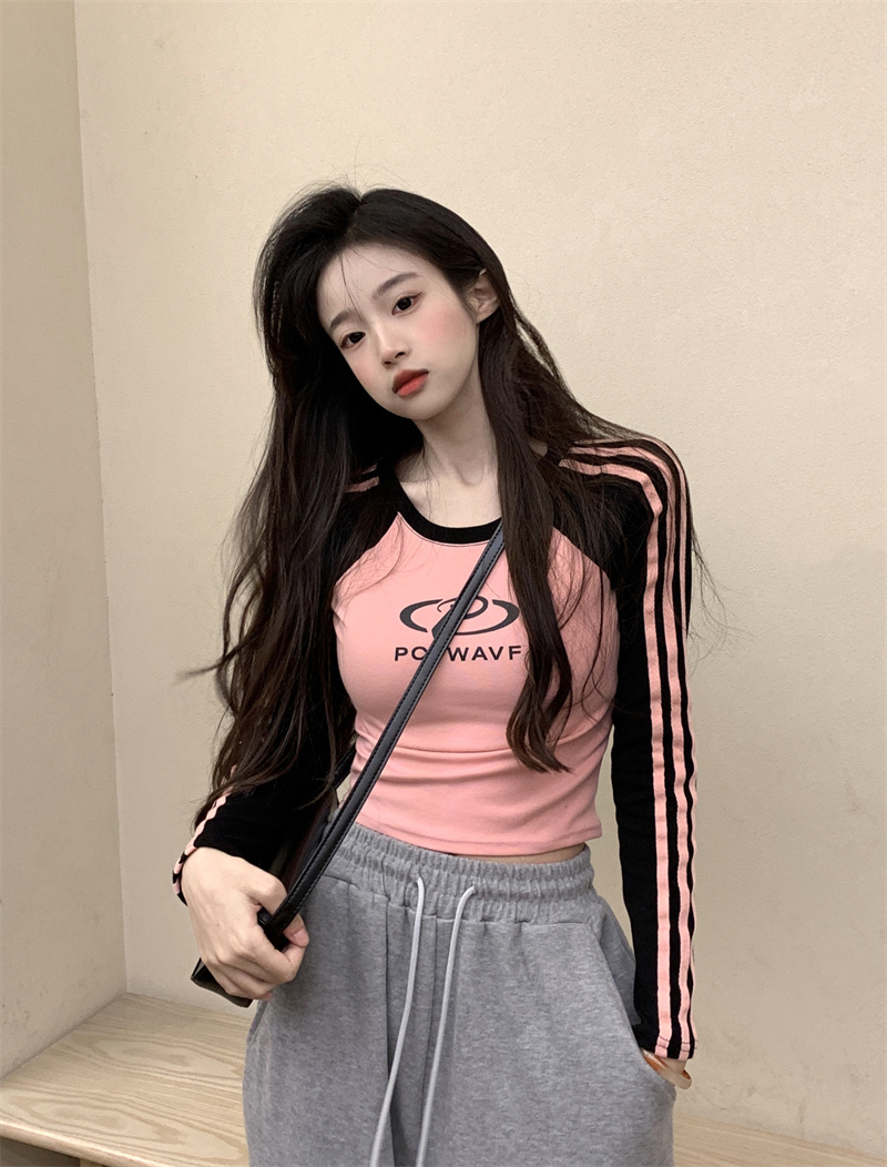 Real shot American retro basic style slim fit elastic contrast raglan all-match tight long-sleeved bottoming shirt T-shirt for women