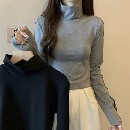 Retro turtleneck slim slim long-sleeved T-shirt for women in autumn and winter new style thin velvet short top striped bottoming shirt