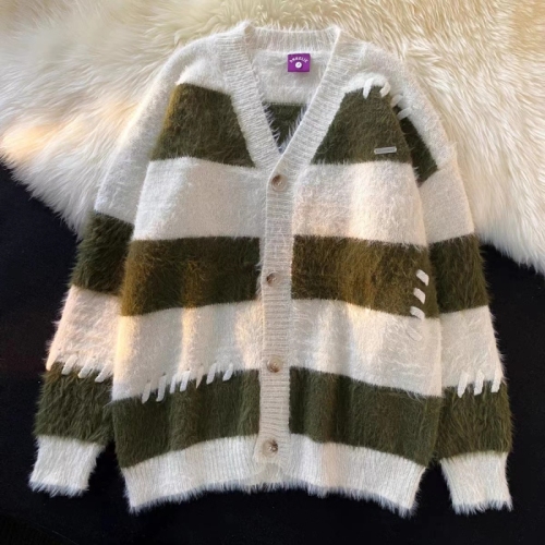 Lazy college style striped contrast V-neck knitted cardigan for women with imitation mink fur design sweater jacket trendy top