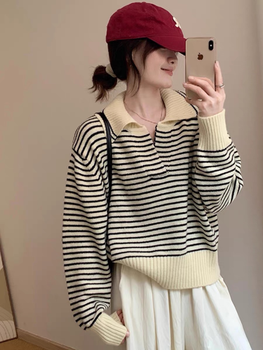 Early autumn new college style sweater 2023 Korean style women's loose slim versatile striped top long-sleeved sweater