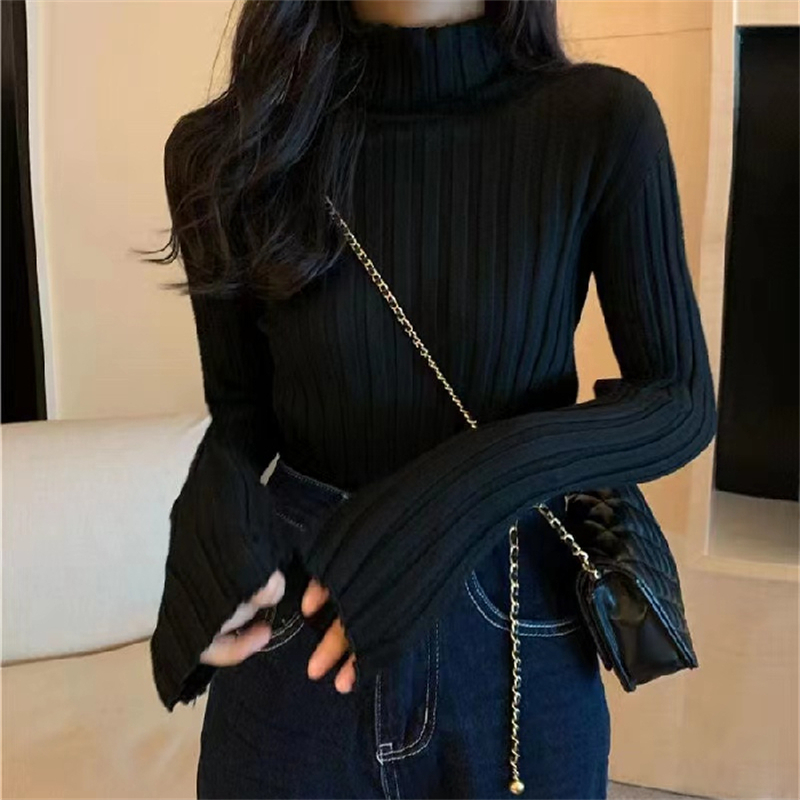 包芯紗堆堆領打底衫女秋冬2023新款軟糯高領坑條內搭針織毛衣
