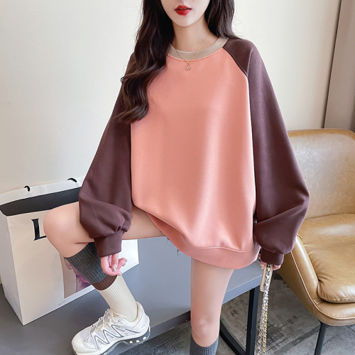 First real shot of Chinese cotton composite 320g sweatshirt for women, spring and autumn thin raglan sleeves, trendy round collar, large size women's clothing 200 pounds