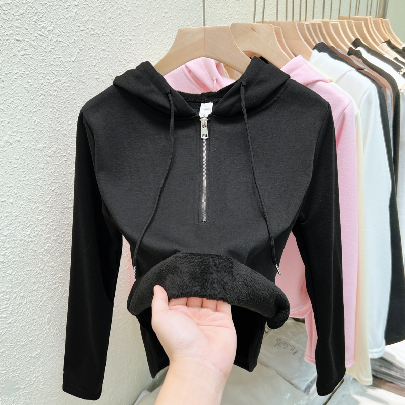 Actual shot of new fashion all-in-one velvet 320g plus velvet warm hooded long-sleeved sweatshirt half-zip T-shirt for women