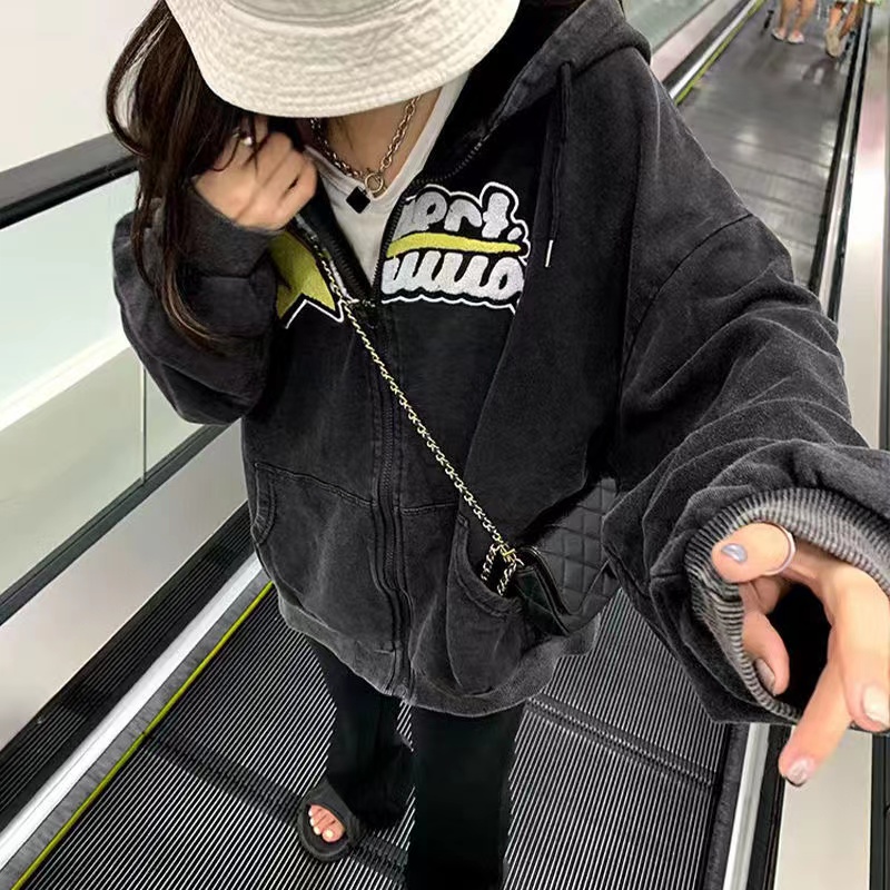 美式做舊復古連帽衛衣外套女春秋設計感小眾oversize高街潮牌ins