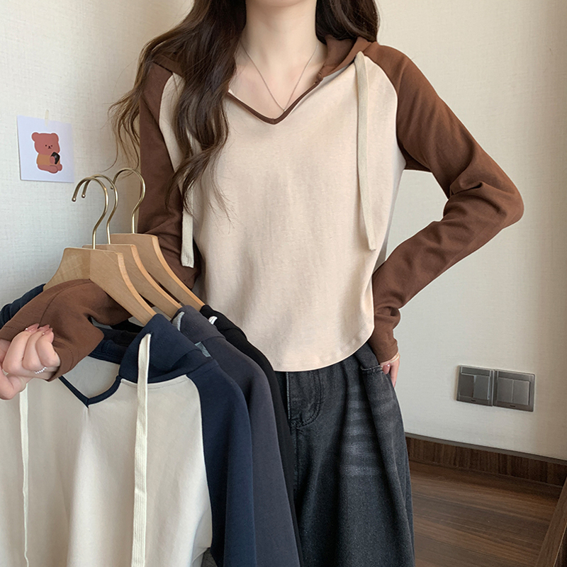 Good quality 40 count 1*1 pure cotton hooded long-sleeved T-shirt women's V-neck drawstring contrasting color T-shirt slim short top