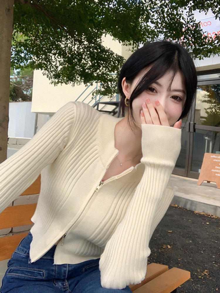 時尚辣妹修身短款長袖針織衫秋季2023新款BM顯瘦拉鏈開衫上衣女潮