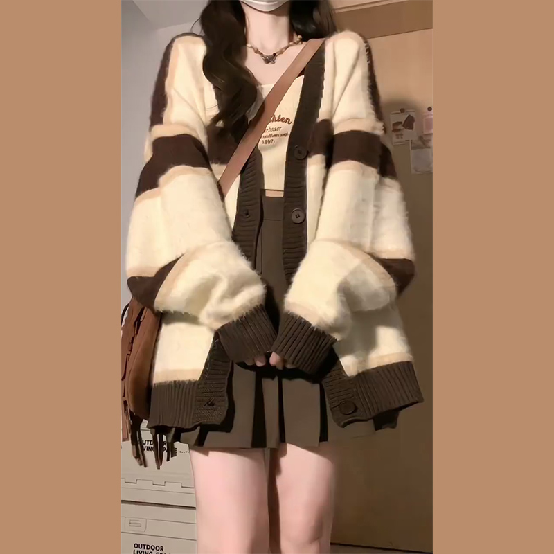 Fufu soft waxy sweater for women 2023 new autumn and winter Japanese style lazy style retro knitted cardigan jacket spring and autumn