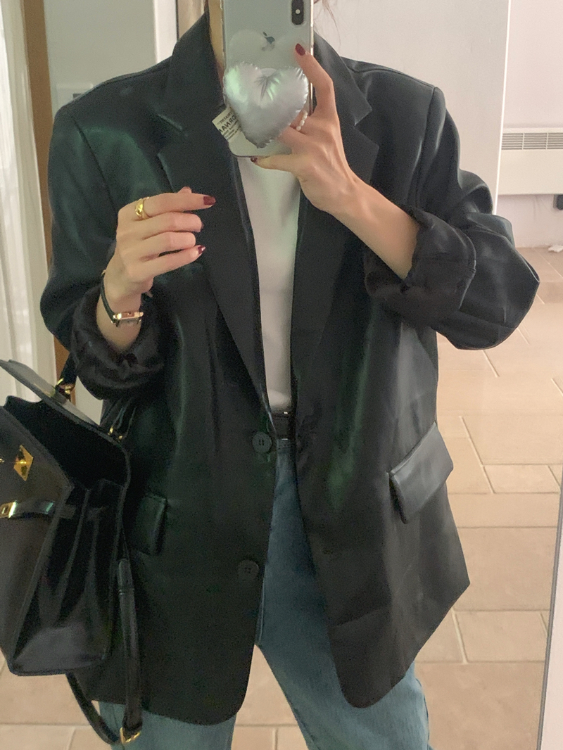 實拍 帥酷休閒 氣質pu皮質西裝 寬鬆男朋友風皮衣外套上衣