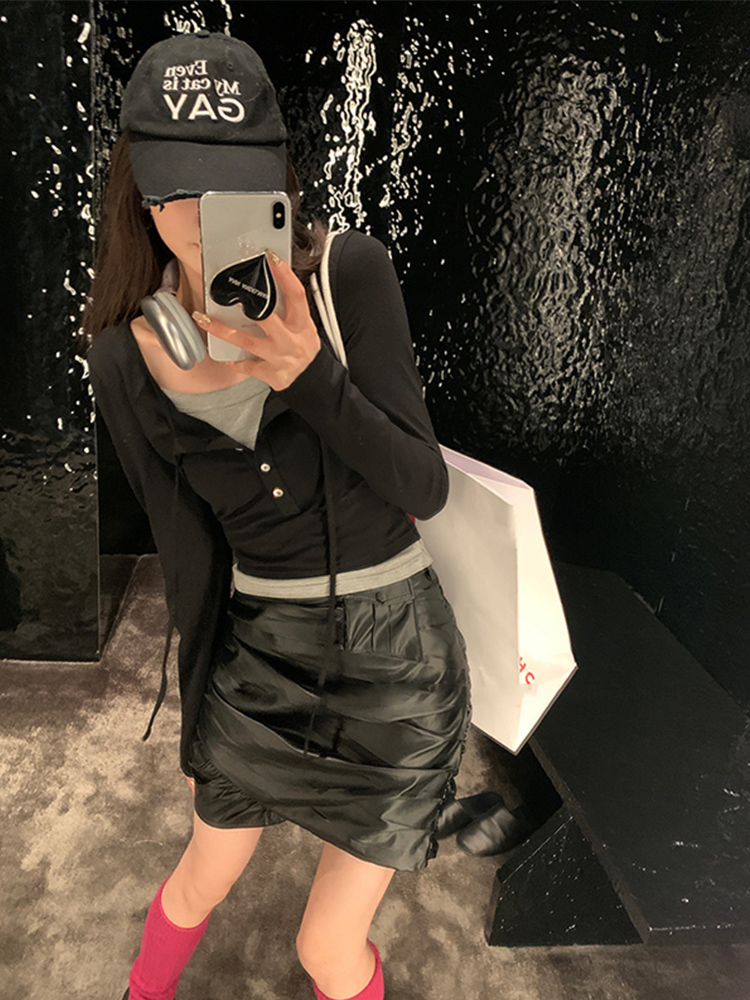 甜辣妹長袖t恤女秋季2023新款正肩修身短款假兩件上衣設計感小眾