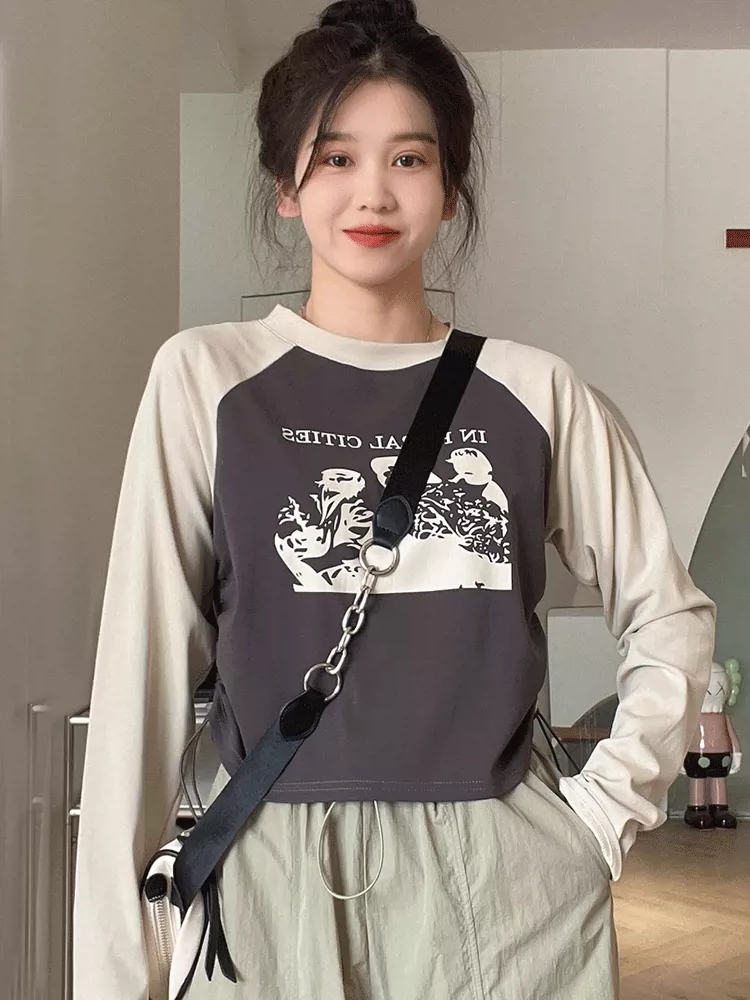 American raglan bottoming shirt t-shirt autumn 2023 new women's design niche short drawstring long-sleeved top