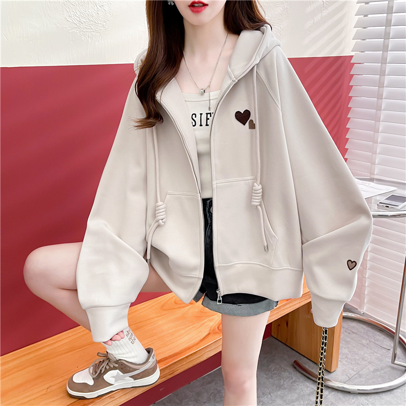 The first release of Huamian pure cotton composite non-balling new Korean style loose patch embroidered hooded zipper sweatshirt for women