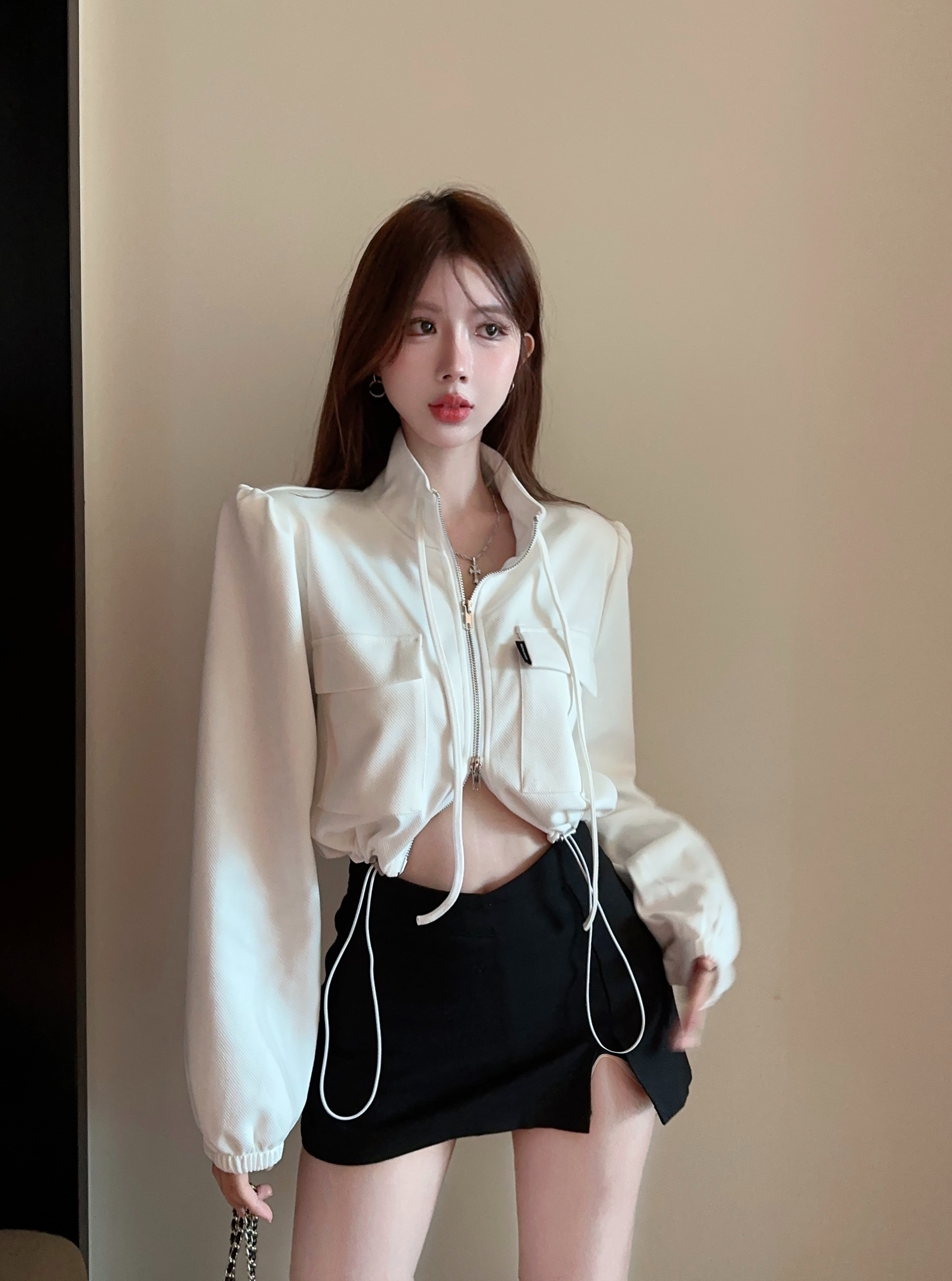 美式辣妹短款泡泡袖上衣女春秋季設計感小眾甜酷開衫抽繩拉鏈衛衣