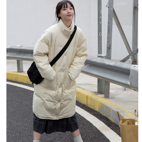 Milk Rabbit Planet's same style long down jacket for women with large pockets and windproof buckle winter fashion small stand-up collar cotton jacket