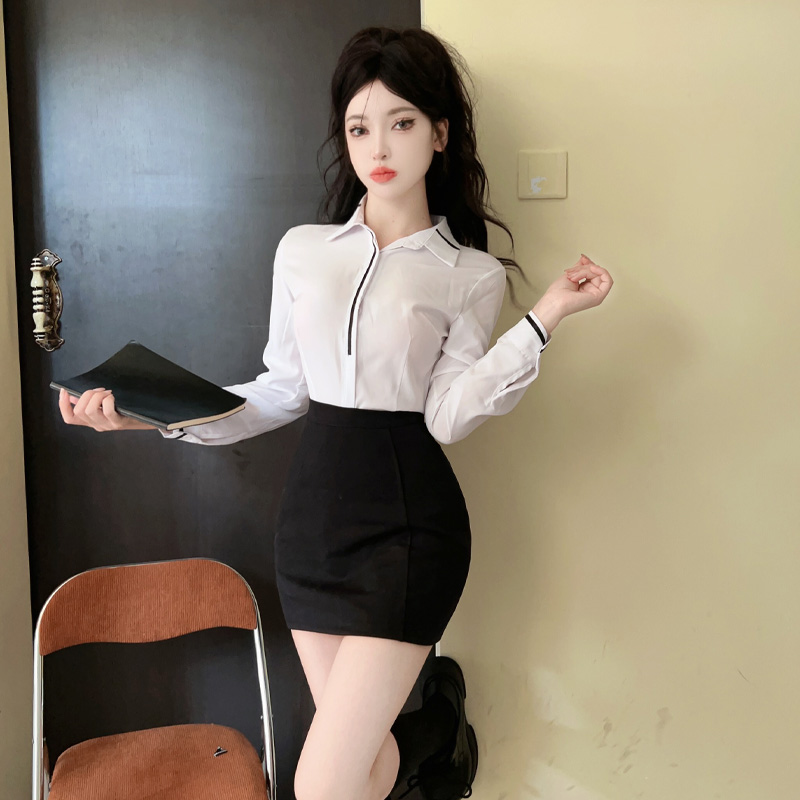 職業襯衫女長袖正裝套裝秋季工裝白襯衣包臀裙前台工作服兩件套