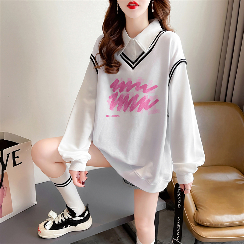 實拍 秋裝後包領韓版M-3XL200斤寬鬆大碼假兩件卡通薄款衛衣女