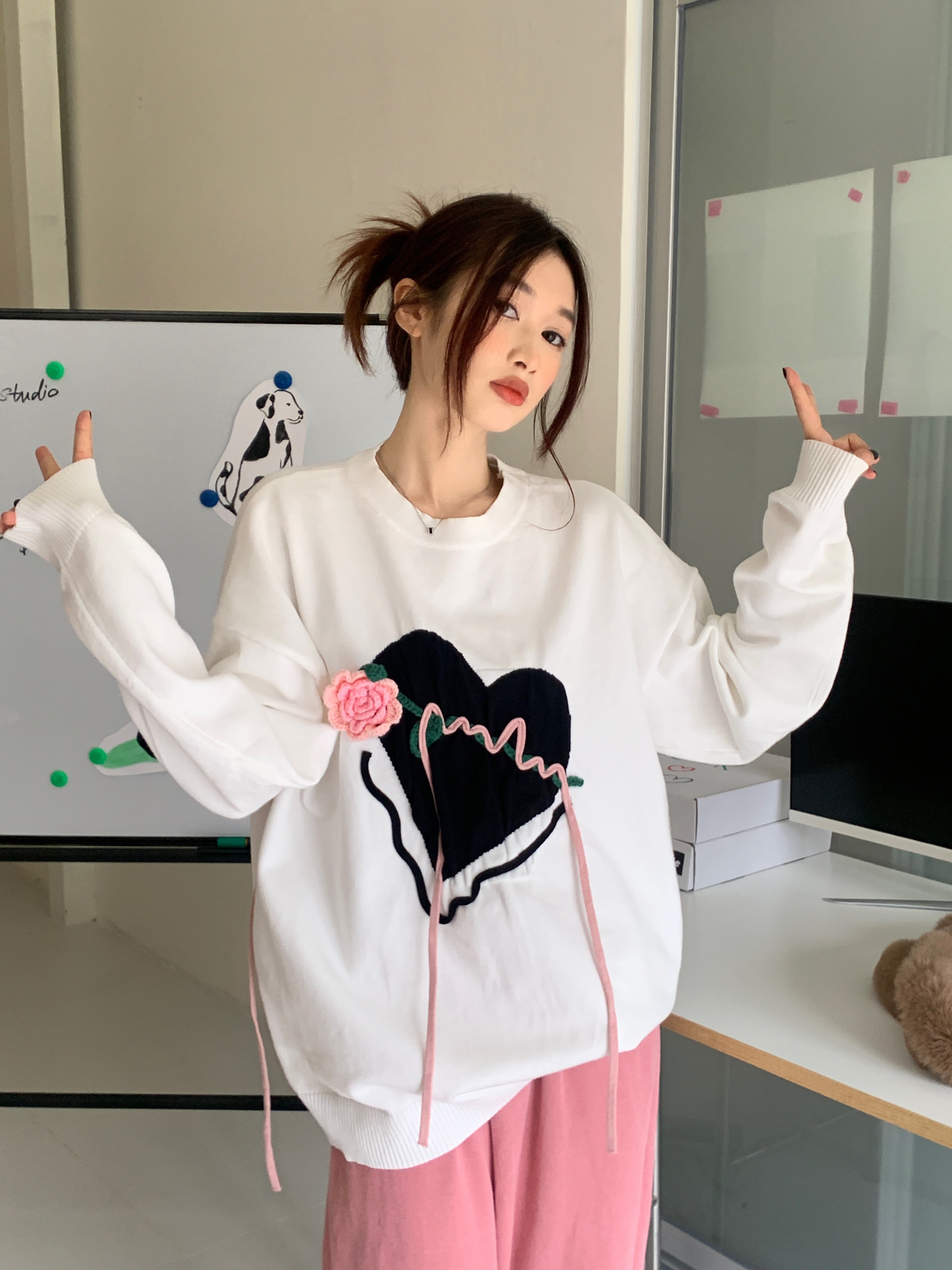 實拍  網紅韓版設計感立體玫瑰花秋冬毛衣女慵懶風針織衫ins