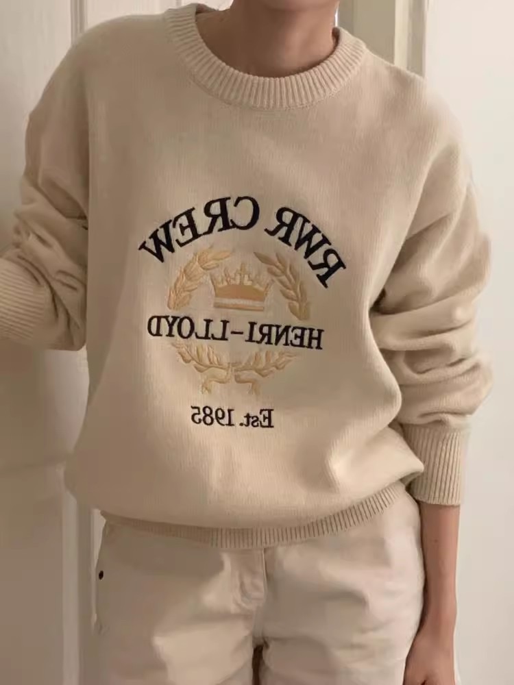 韓系秋冬復古減齡百搭圓領重工字母刺繡長袖毛衣女顯瘦針織衫上衣