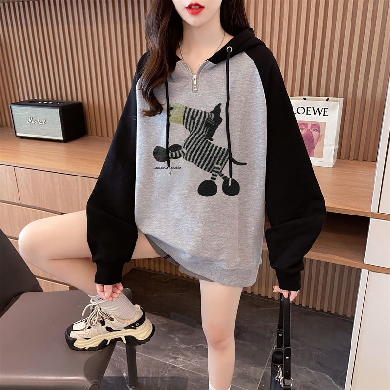 Real shot Autumn Korean version Chinese cotton hooded M-3XL 200 pounds printed loose raglan sleeves large size thin sweatshirt for women