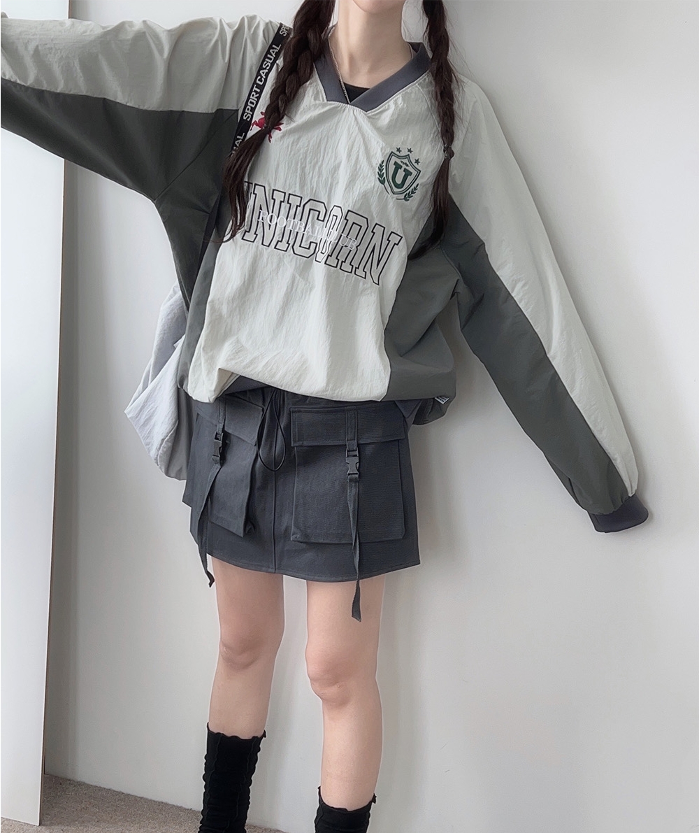 已保護~美式運動復古撞色拼色尼龍刺繡字母衛衣套頭球衣秋冬韓國