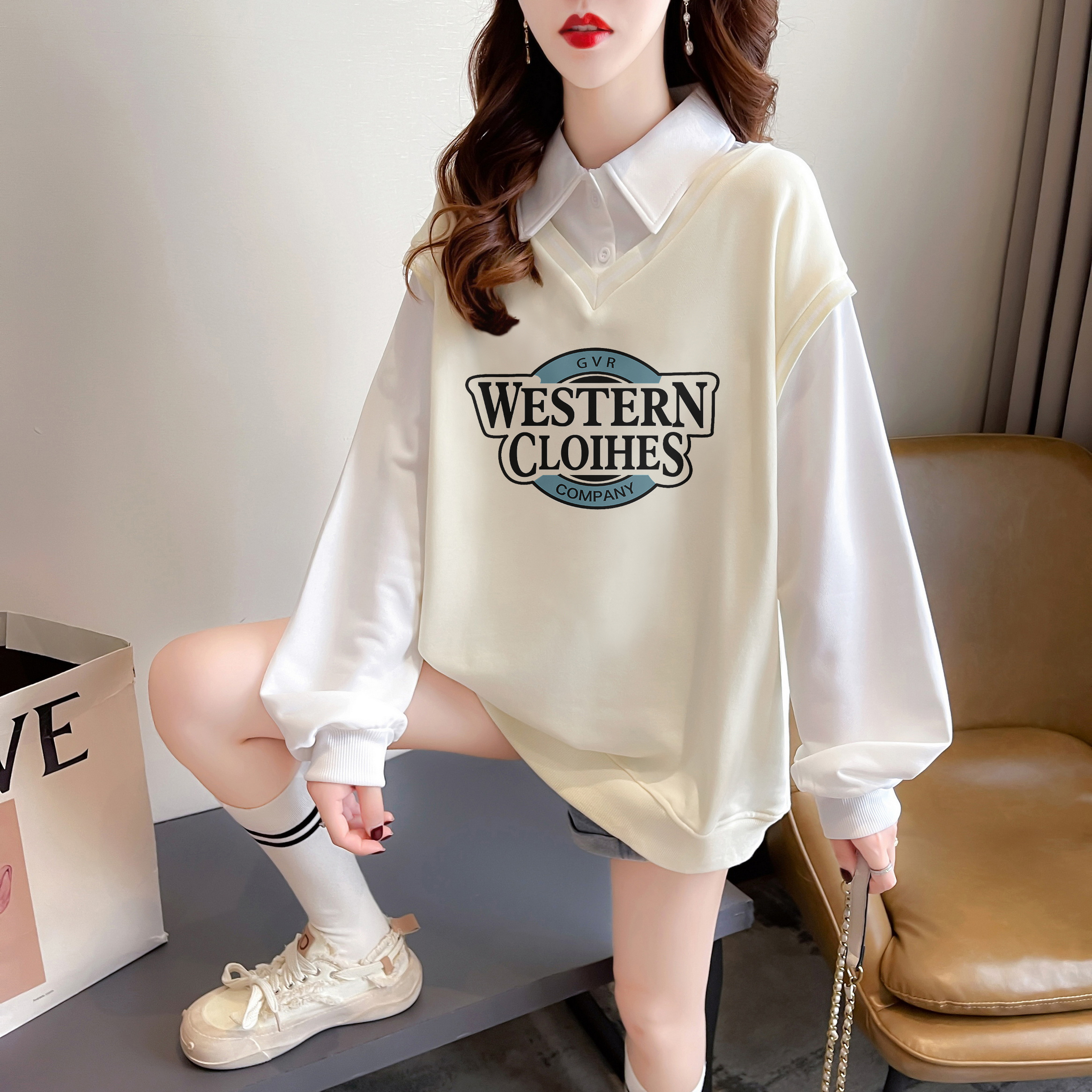 實拍 秋裝後包領韓版M-3XL200斤寬鬆大碼假兩件卡通薄款衛衣女