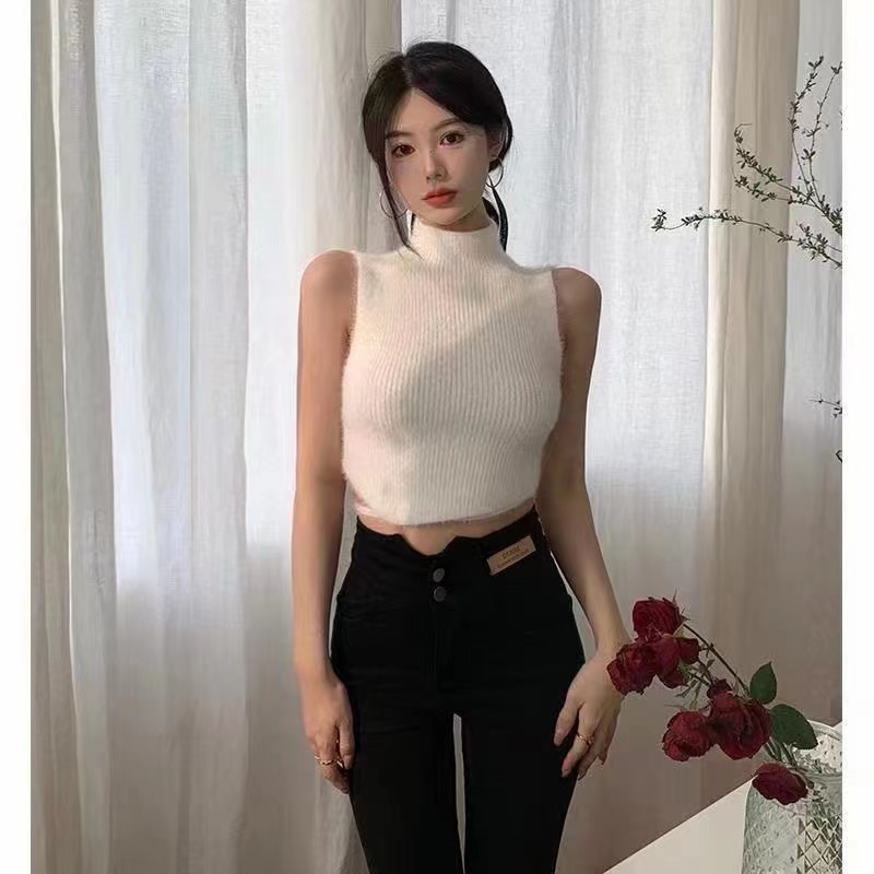 毛絨吊帶背心女夏季純欲黑色小眾露背綁帶外穿內搭短款打底衫上衣