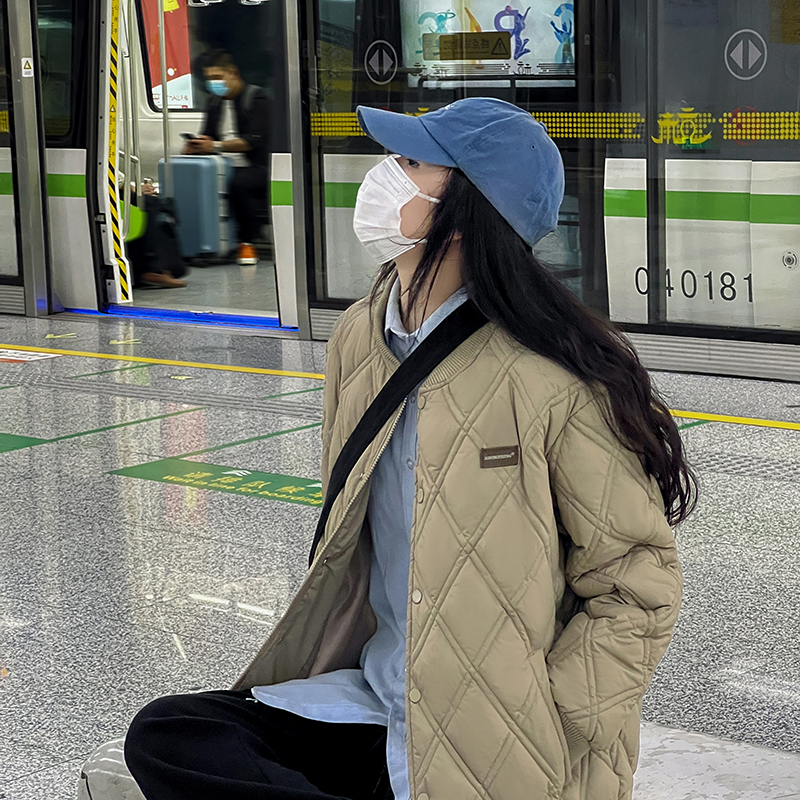 實拍 新款菱形格情侶羽絨服女寬鬆學生ins夾克棒球服oversize外套