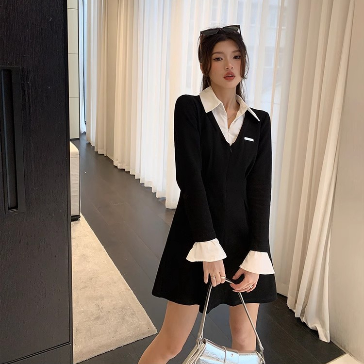 黑色長袖假兩件法式連衣裙女收腰設計感a字短裙子秋冬季2023新款