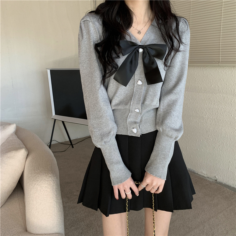 Actual shot of new autumn and winter sweet bow v-neck knitted cardigan sweater