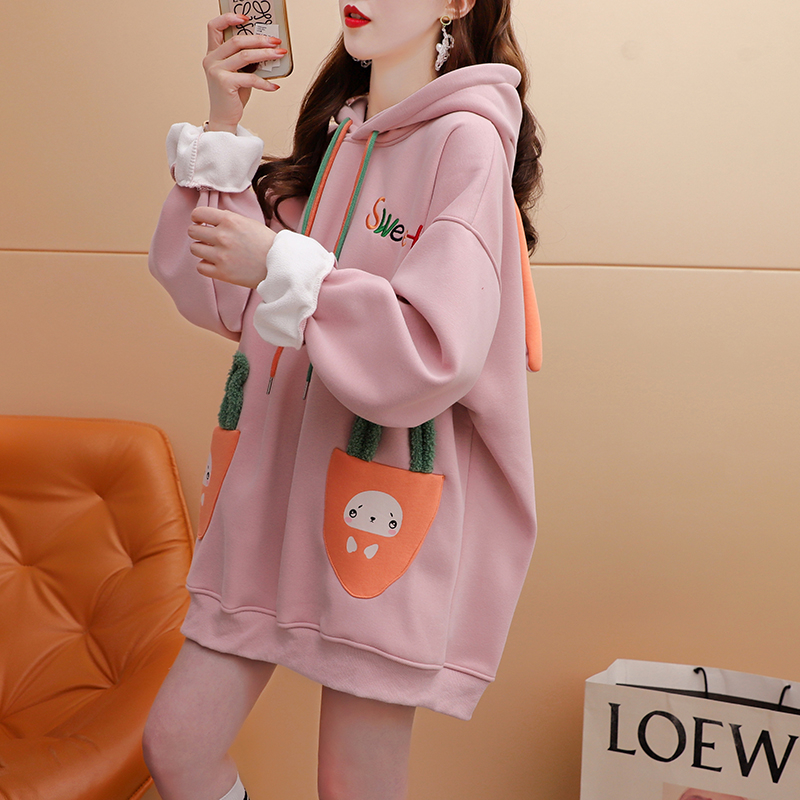 6535 composite super soft winter design 2023 cartoon rabbit letter embroidery plus velvet hooded sweatshirt for women